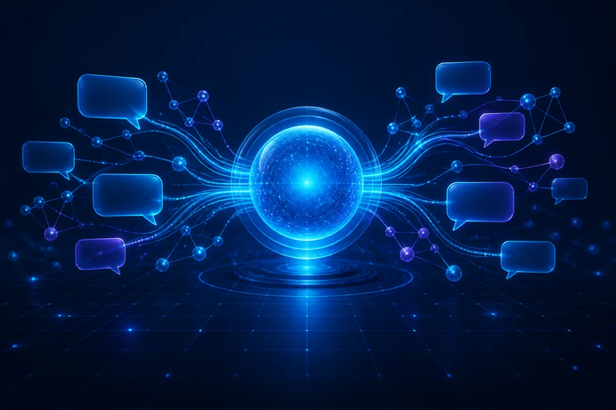 Illustration of an artificial intelligence agent connected to conversations