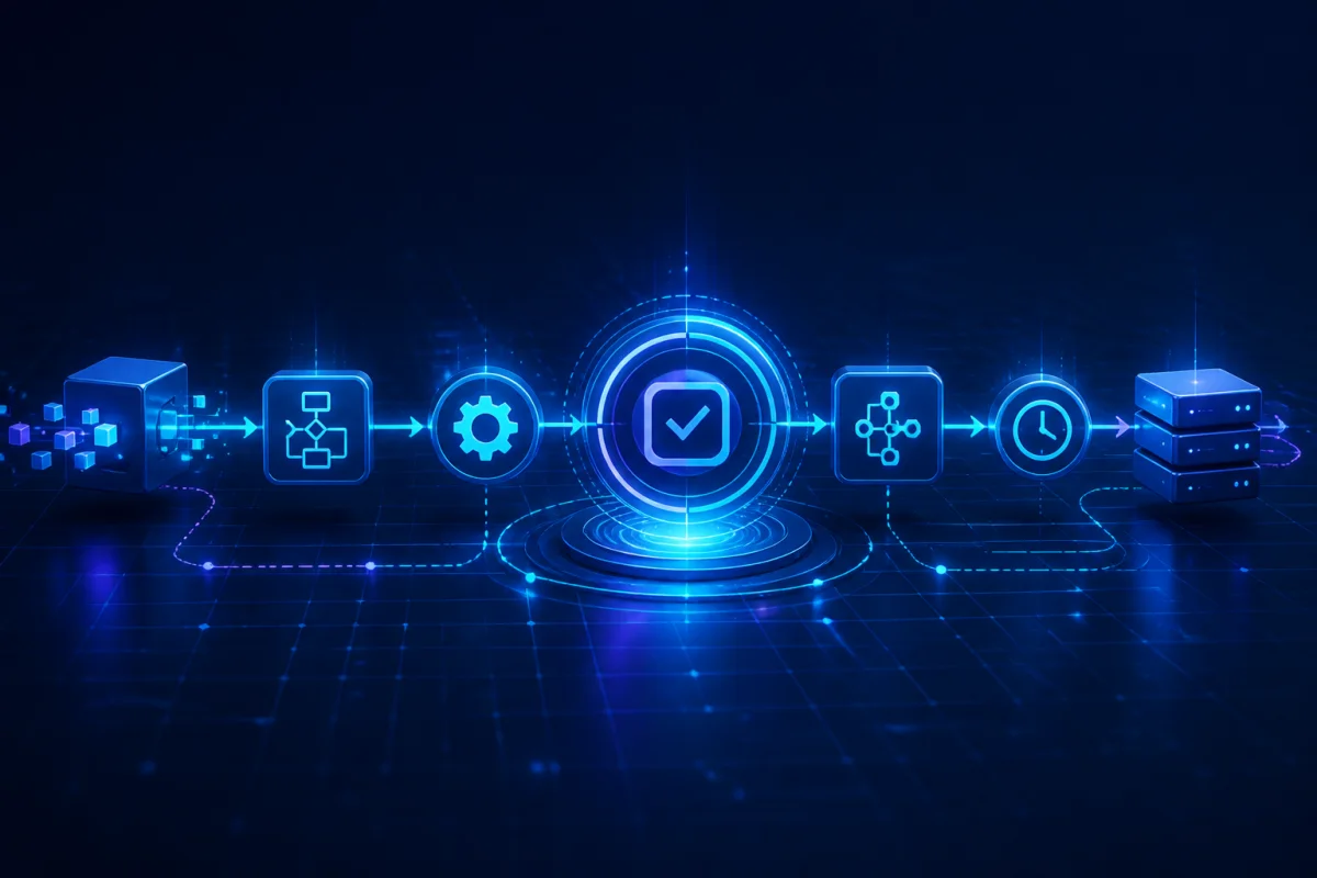 Illustration of an automated workflow connecting processes and data